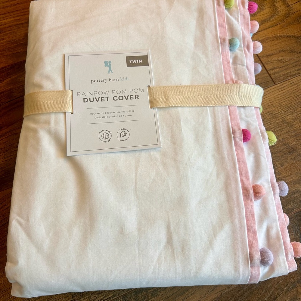 Pottery Barn Kids White Duvet Cover with Colorful Pom Poms